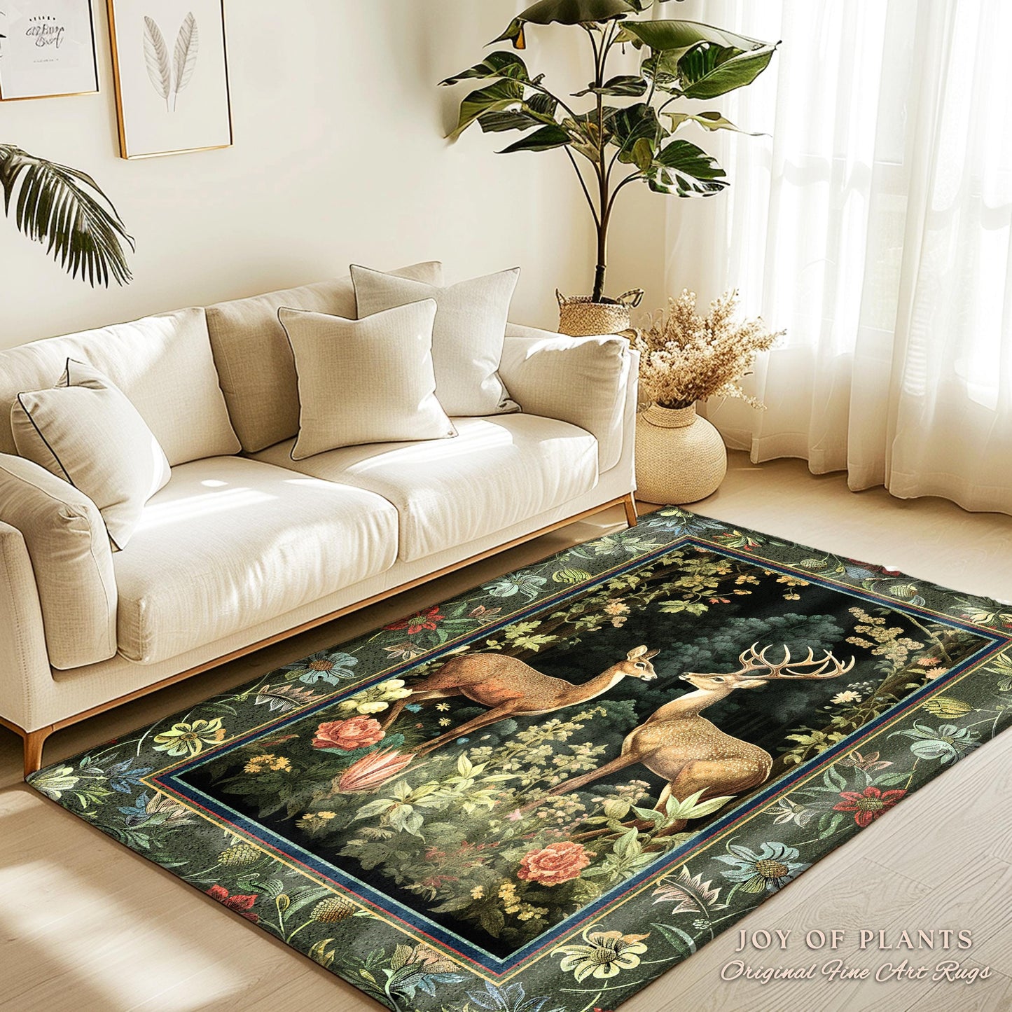 Mystic Woodland Forest Deer Area Rug | Spirit Animal Ethereal Earthy Whimsigoth Dark Botanical Bedroom Rug Whimsical Folklore Nursery Theme