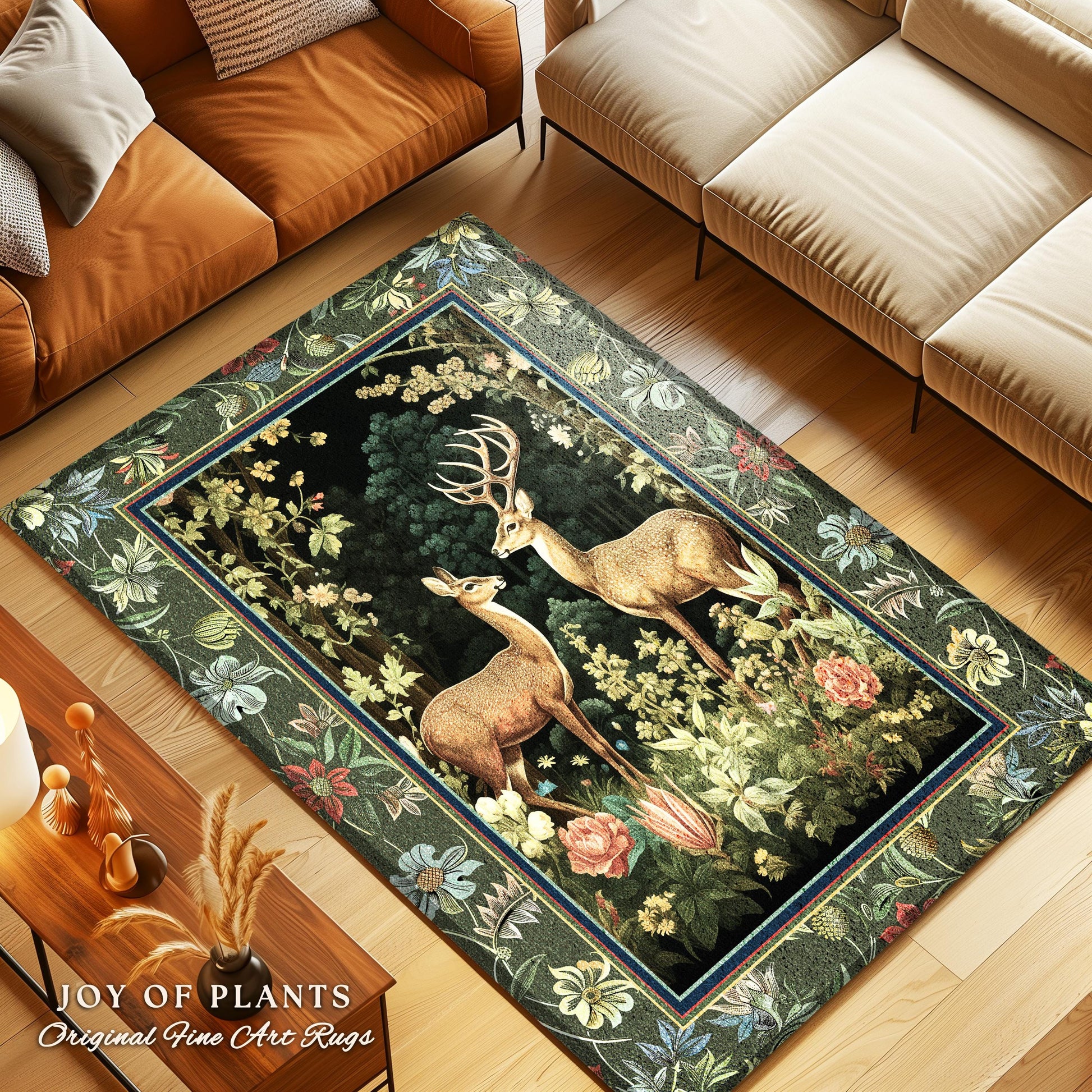 Mystic Woodland Forest Deer Area Rug | Spirit Animal Ethereal Earthy Whimsigoth Dark Botanical Bedroom Rug Whimsical Folklore Nursery Theme