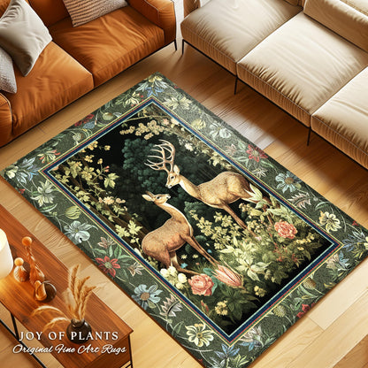 Mystic Woodland Forest Deer Area Rug | Spirit Animal Ethereal Earthy Whimsigoth Dark Botanical Bedroom Rug Whimsical Folklore Nursery Theme