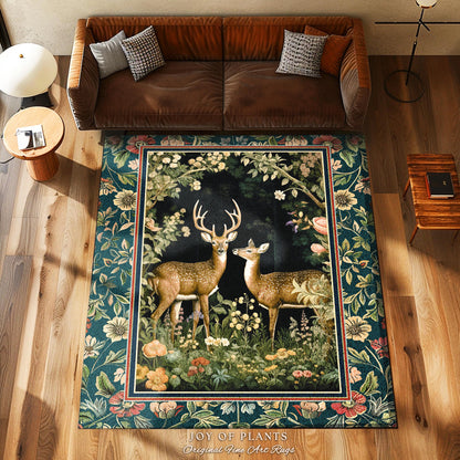 Dark Forestcore Mystic Deer Lovers Rug Woodland Gothic Decor | Victorian Gothic Botanical Cottagecore Rug Whimsical Deer Lovers Nature Rug