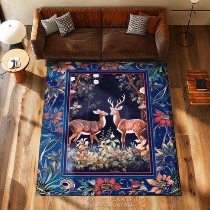 Misty Indigo Woods Ethereal Deer Rug | Woodland Spirit Nature Botanical Home Accent Fairycore Dark Academia Bedroom Whimsical Folklore Theme