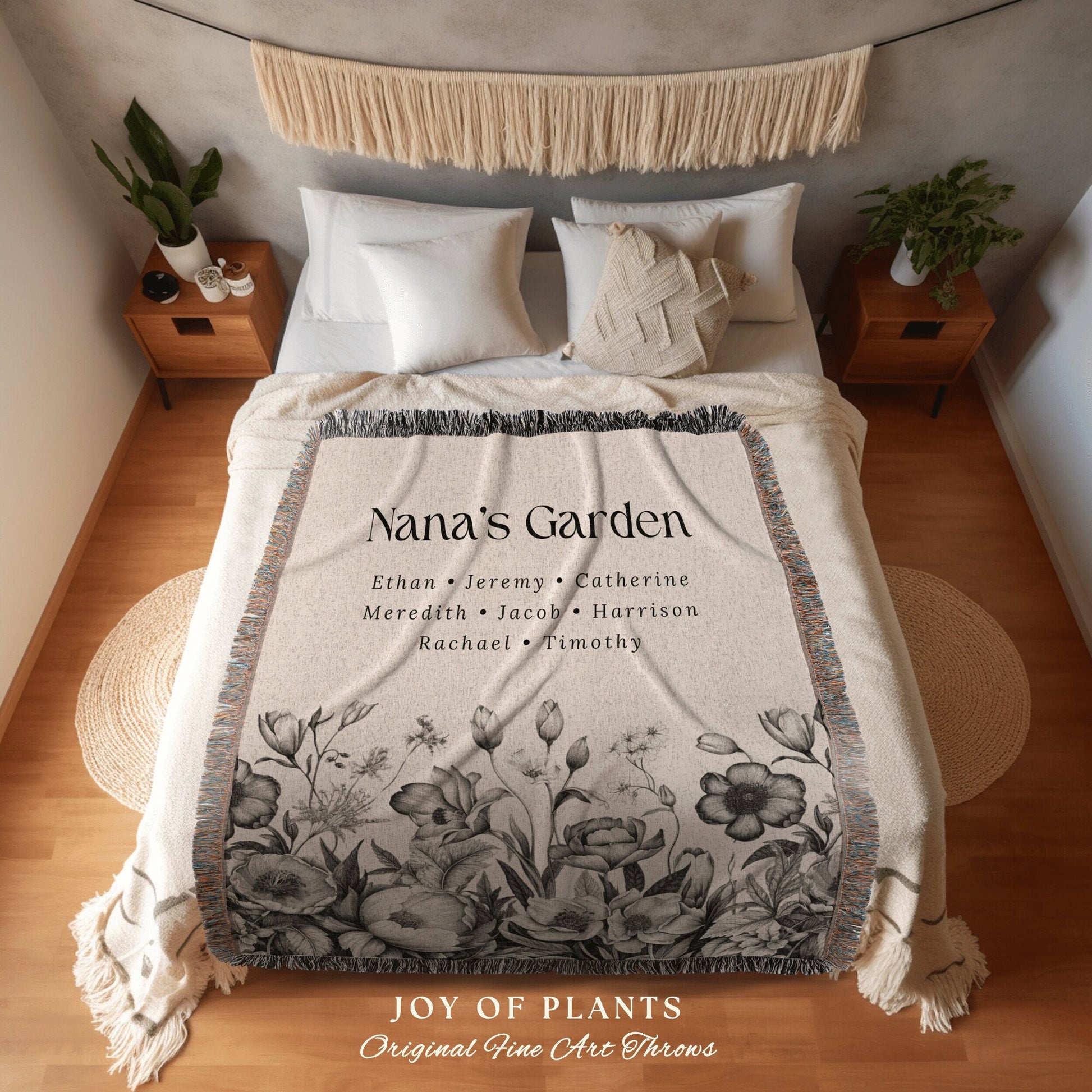 Nana's Garden Floral Blanket Woven | Custom Mom Gift Custom Family Name Tapestry Grandkid's Names Grandmas Garden Thoughtful In-Law Gift