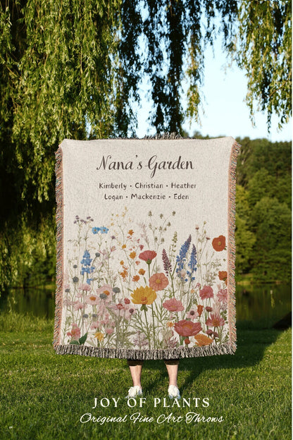 Grandparent's Day Woven Blanket | Personalized Family Name Tapestry Grandkid's Names Grandmas Garden Sentimental Gift for the Home Custom