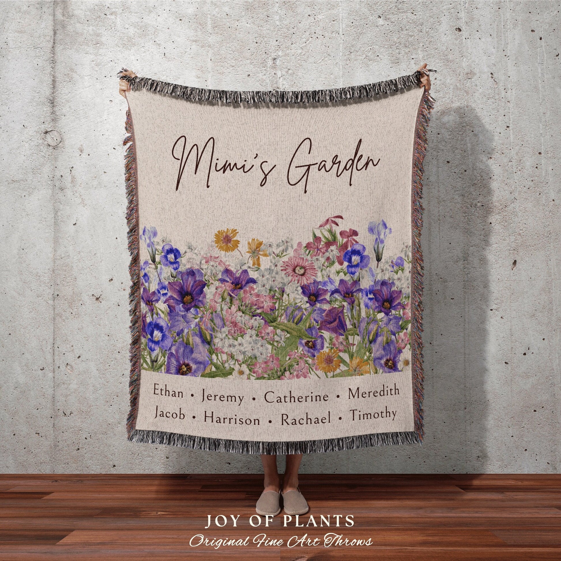 Mama's Garden Custom Throw | Personalized Family Name Tapestry Grandchildren's Names Grandmas Garden Thoughtful Gift for the Home Floral |