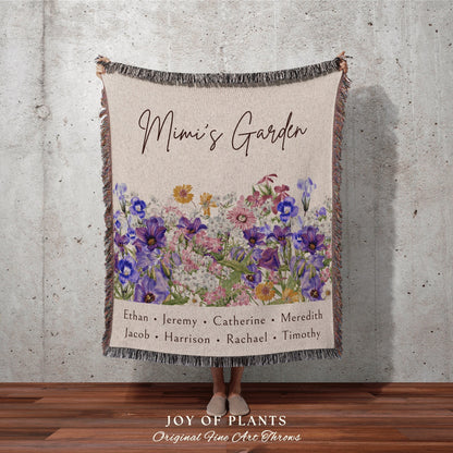 Mama's Garden Custom Throw | Personalized Family Name Tapestry Grandchildren's Names Grandmas Garden Thoughtful Gift for the Home Floral |