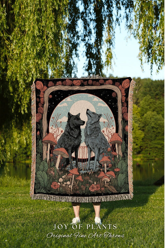 Retro Woodland Wolf Blanket | Outdoorsy Gift Wolf Couple Nordic Blanket Medieval Aesthetic Cottagecore Tarot Throw Unique Mushroom Gifts