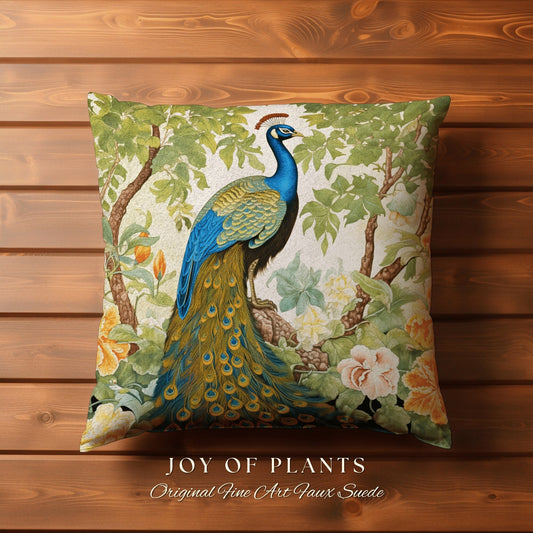 Pastel Jungle Peacock Cushion | William Morris Inspired Peacock Woodland Decor Cushion Maximalist Ornate Home Decor Throw Pillow Eclectic