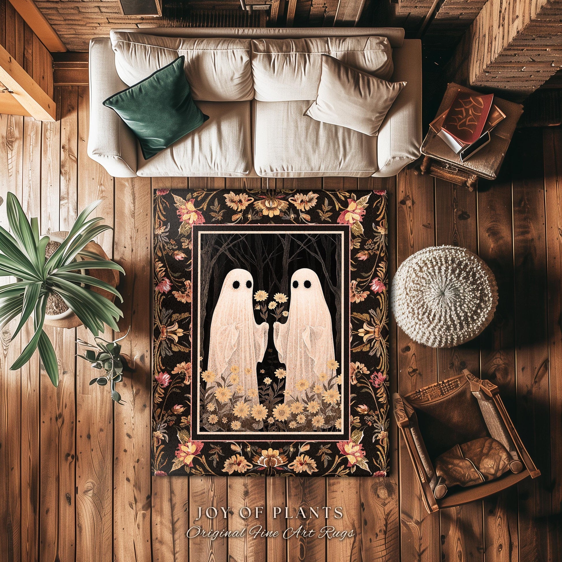 Spooky Floral Ghost Rug Dark Academia Art Decor | Boho Mystical Enchanted Forest Ghost Friends Gift Whimsigothic Rug Dark Cottagecore Decor