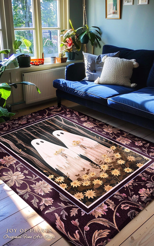 Whimsigoth Floral Ghost Rug Fairycore Enchanted Forest Decor | Spooky Woodland Gothic Dark Academia Aesthetic Ghost Rug Whimsical Decor