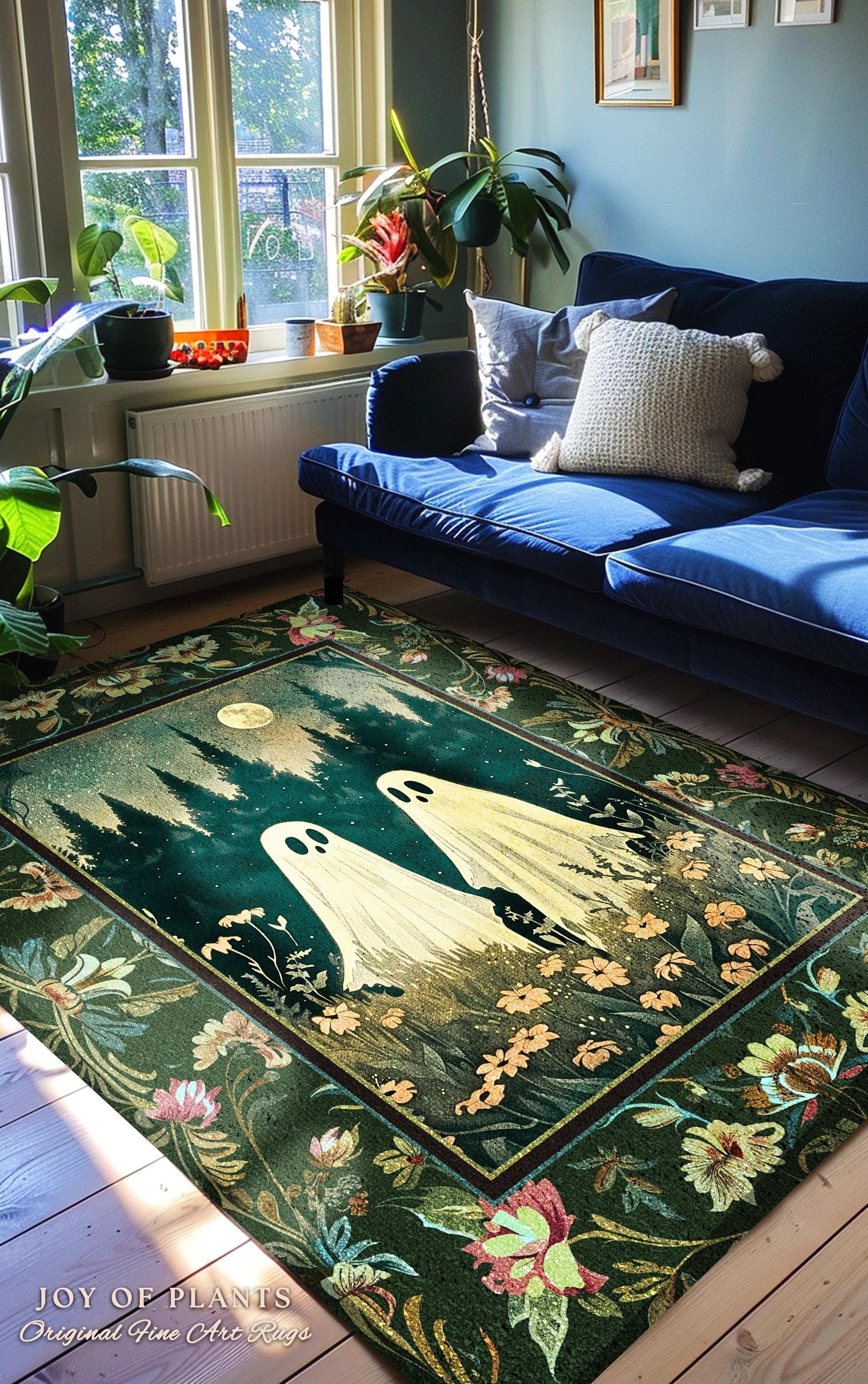 Celestial Ghost Lovers Decor Dark Woodland Moon Celestial Magic Meadows Rug | Cottagegoth Spooky Spirits Whimsical Enchanted Fairycore Decor