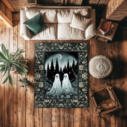 Mystic Moonlit Ghost Cottagecore Decor Dreamy Dark Forest Rug | Fairy Grunge Spooky Woodland Gothic Ghost Rug Fairycore Goblincore Decor