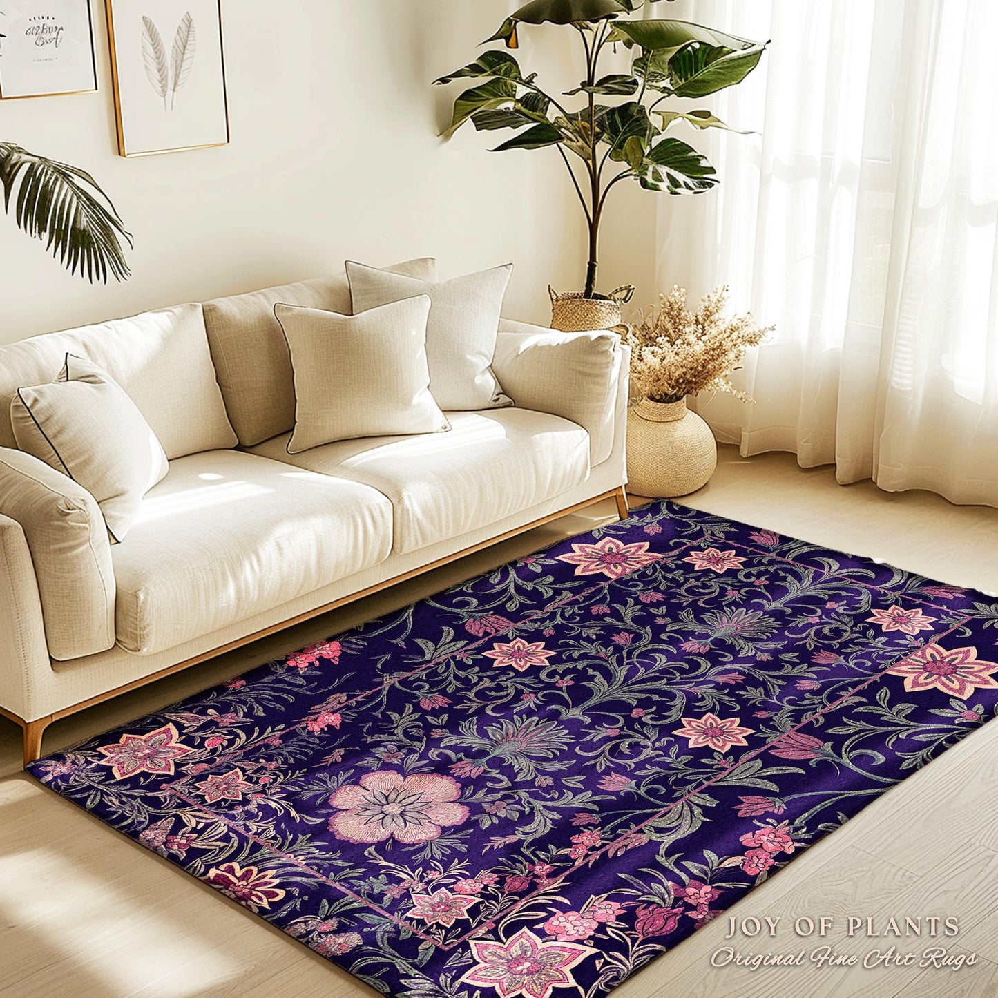 Runner Rug Whimsical Florals | Dark Renaissance Style Art Deco Aesthetic Purple Botanical Hallway Rug Morris Inspired Fairycore Gothic Room