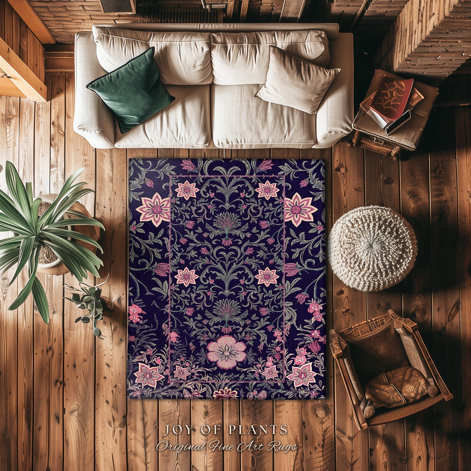 Runner Rug Whimsical Florals | Dark Renaissance Style Art Deco Aesthetic Purple Botanical Hallway Rug Morris Inspired Fairycore Gothic Room