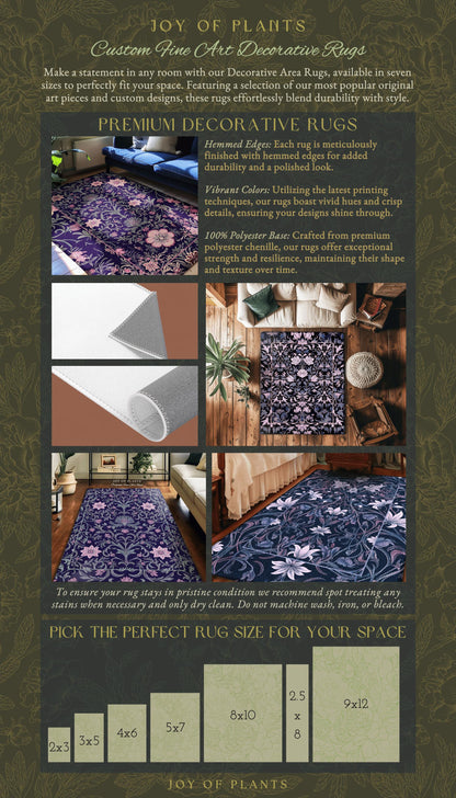 Runner Rug Whimsical Florals | Dark Renaissance Style Art Deco Aesthetic Purple Botanical Hallway Rug Morris Inspired Fairycore Gothic Room