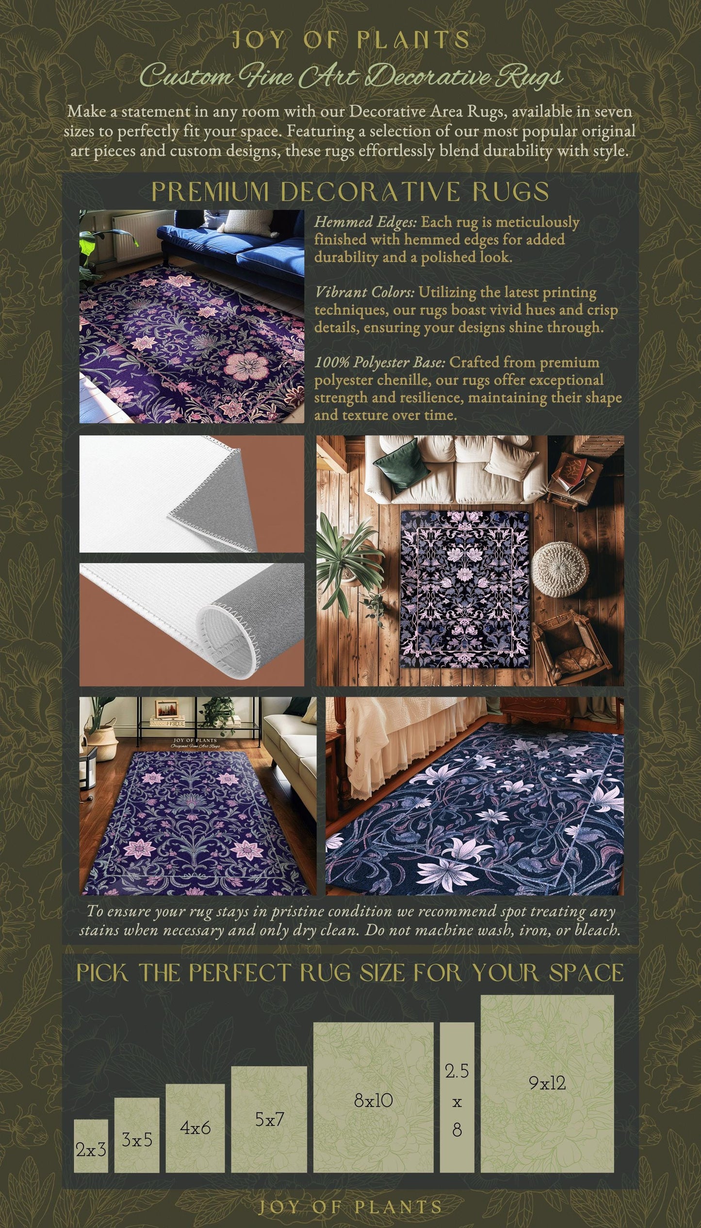 Elegant Fairycore Floral Area Rug | Ornate Renaissance Style Art Deco Aesthetic Purple Dark Botanical Rug William Morris Inspired Wildflower