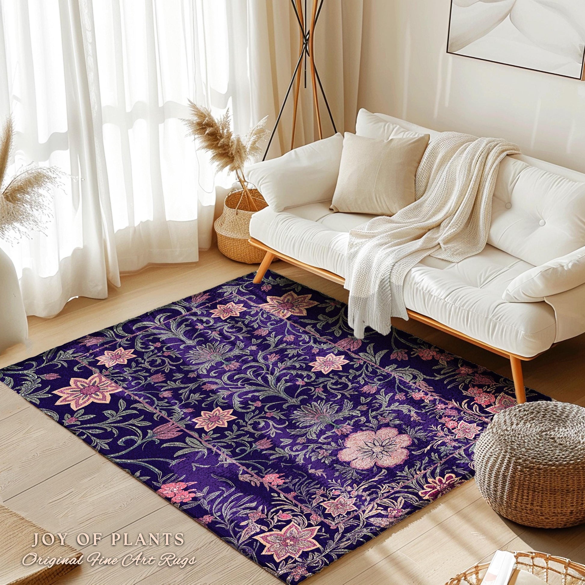 Runner Rug Whimsical Florals | Dark Renaissance Style Art Deco Aesthetic Purple Botanical Hallway Rug Morris Inspired Fairycore Gothic Room