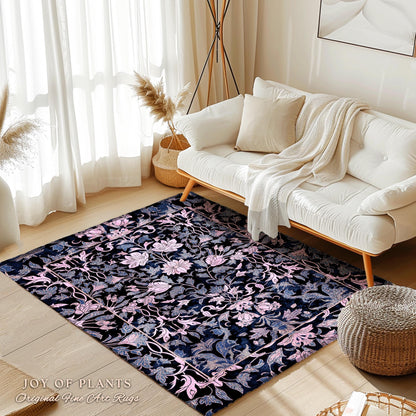 Elegant Fairycore Floral Area Rug | Ornate Renaissance Style Art Deco Aesthetic Purple Dark Botanical Rug William Morris Inspired Wildflower