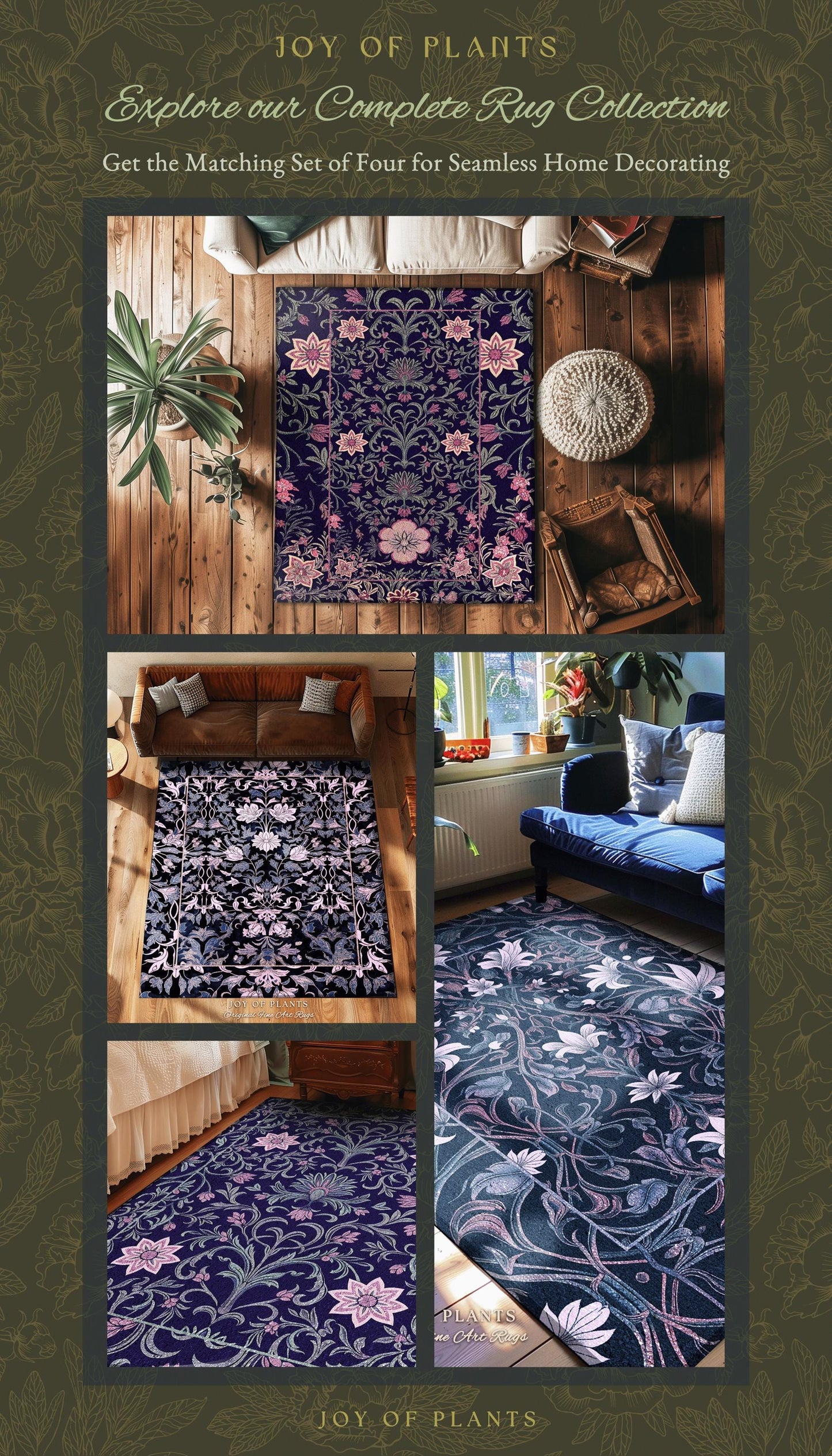 Elegant Fairycore Floral Area Rug | Ornate Renaissance Style Art Deco Aesthetic Purple Dark Botanical Rug William Morris Inspired Wildflower