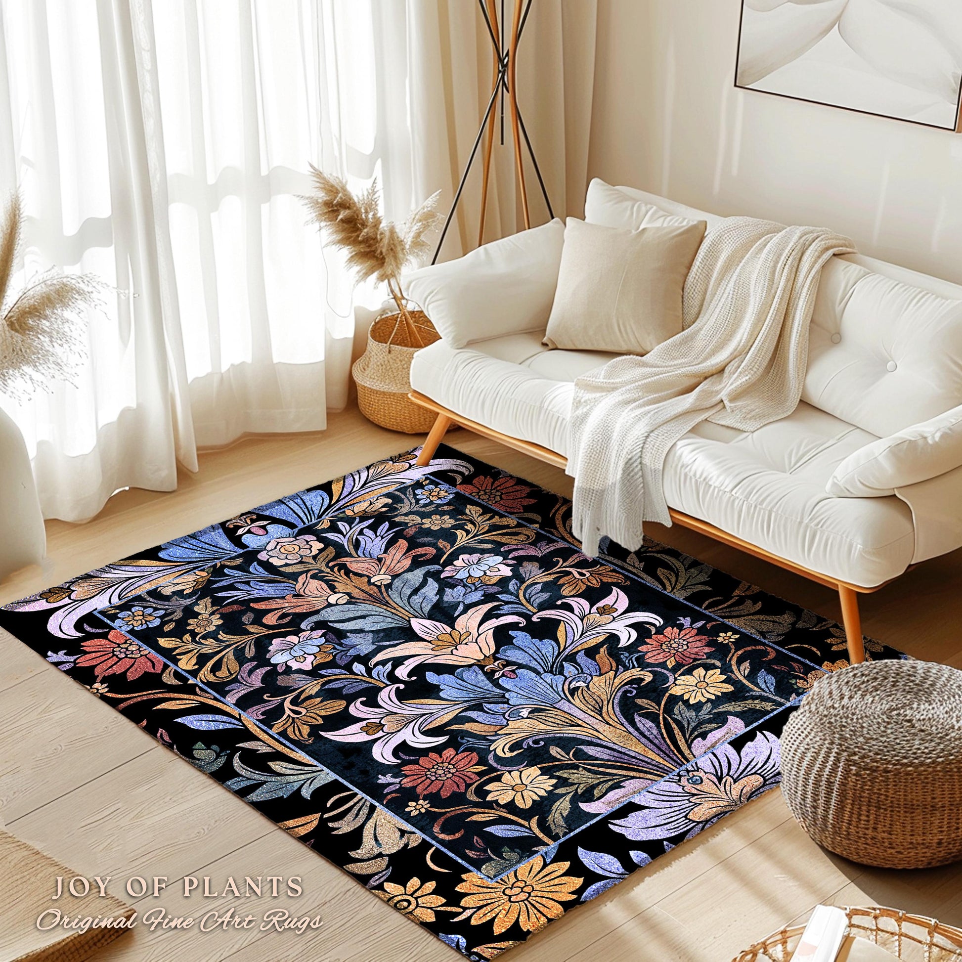 Bohemian Botanical Art Nouveau Floral Rug Enchanted Forest Flower Motifs, Whimsical Cottagecore Charm Fairycore Inspired Boho Folk Art Decor