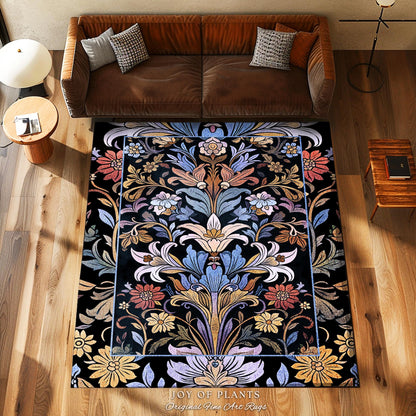 Bohemian Botanical Art Nouveau Floral Rug Enchanted Forest Flower Motifs, Whimsical Cottagecore Charm Fairycore Inspired Boho Folk Art Decor