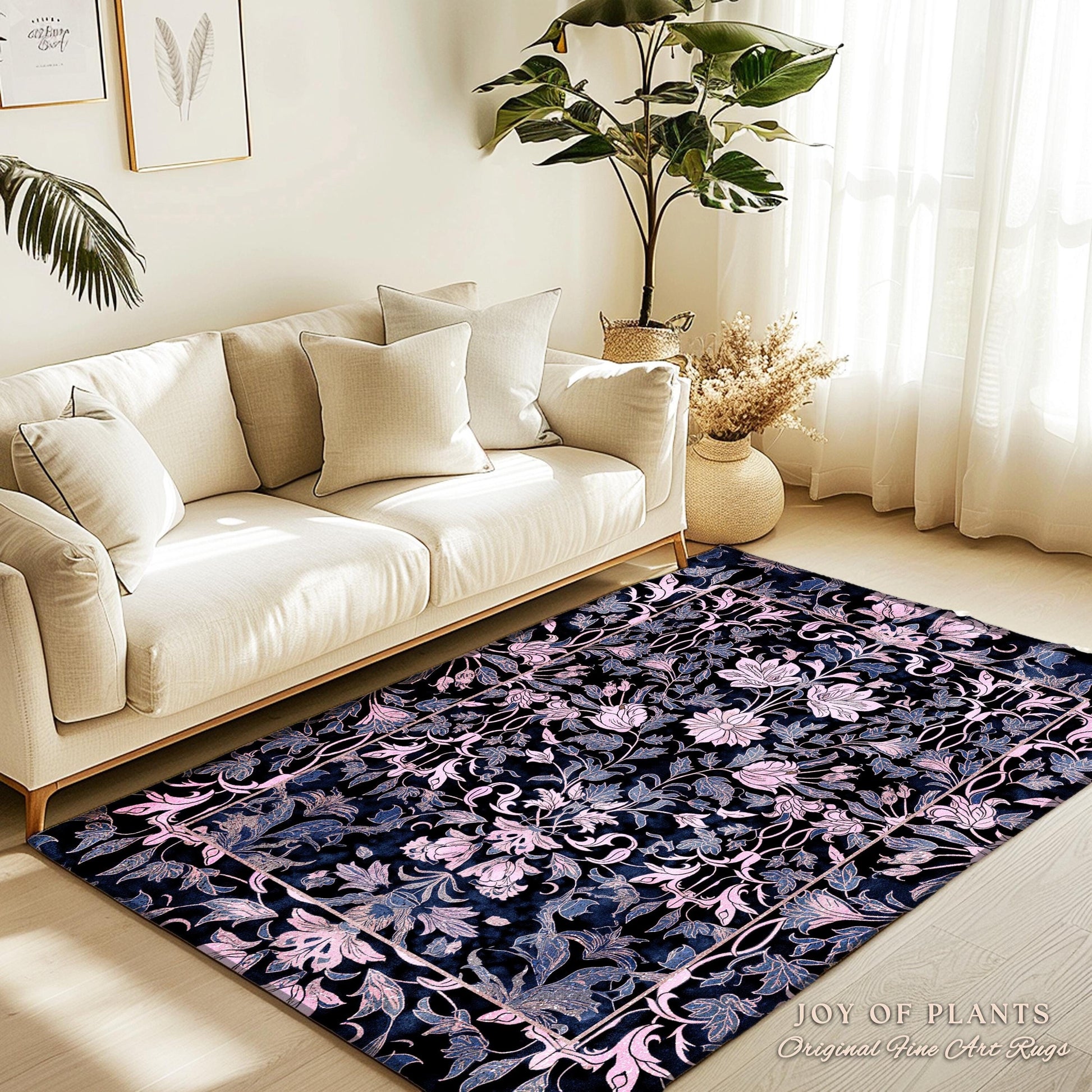 Elegant Fairycore Floral Area Rug | Ornate Renaissance Style Art Deco Aesthetic Purple Dark Botanical Rug William Morris Inspired Wildflower