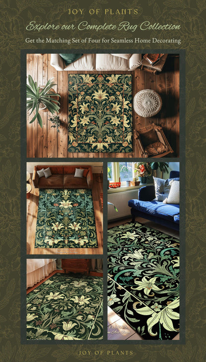 Vintage Green Botanical Art Nouveau Rug William Morris Style Victorian Floral Design | Dark Academia Woodland Aesthetic Gothic Cottagecore