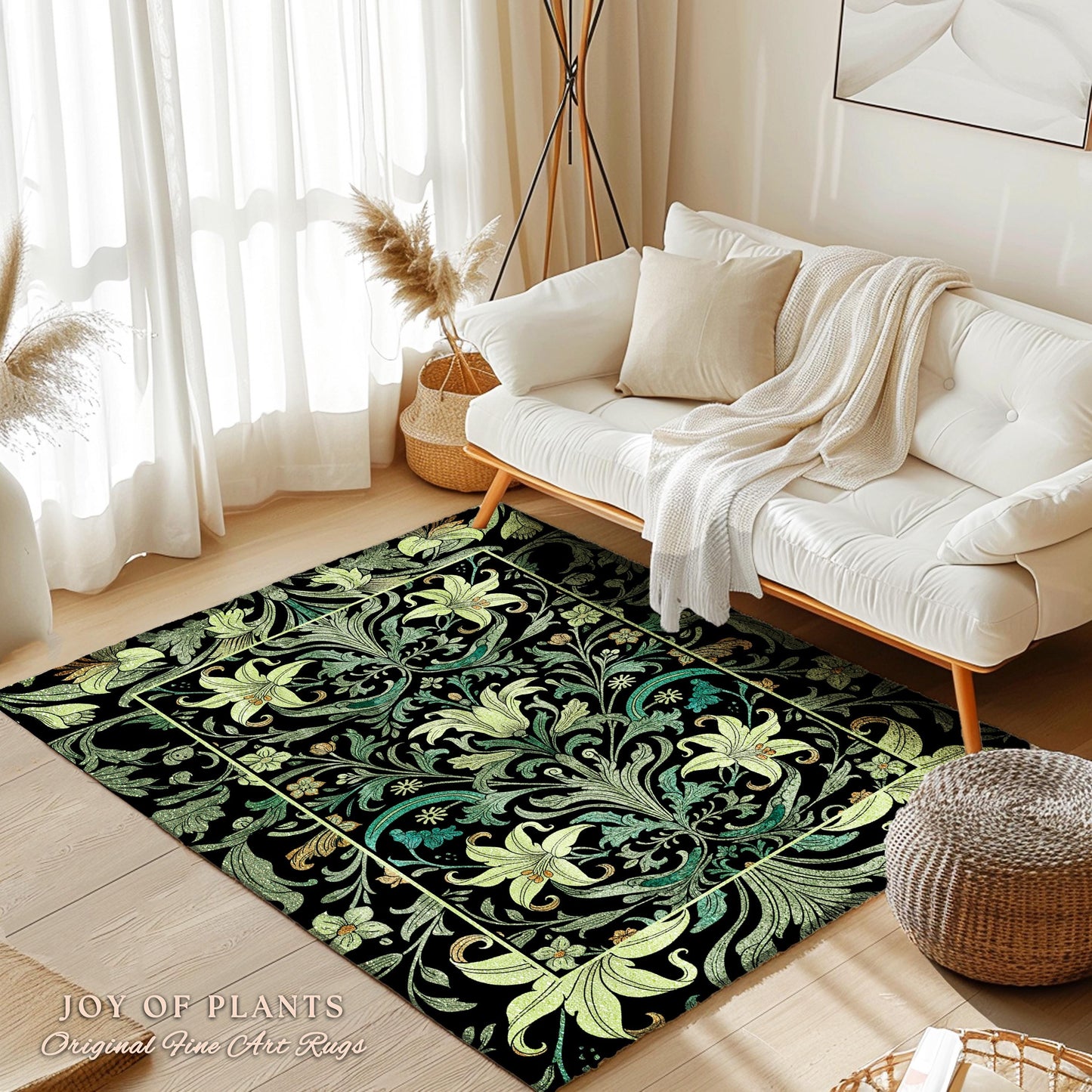 Ornate Green Botanical Rug Art Nouveau Victorian Floral William Morris Inspired Decor | Elegant Academia Lily Flower Antique Cottagecore Rug