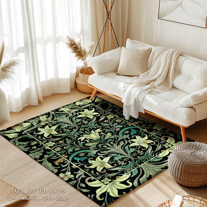 Ornate Green Botanical Rug Art Nouveau Victorian Floral William Morris Inspired Decor | Elegant Academia Lily Flower Antique Cottagecore Rug