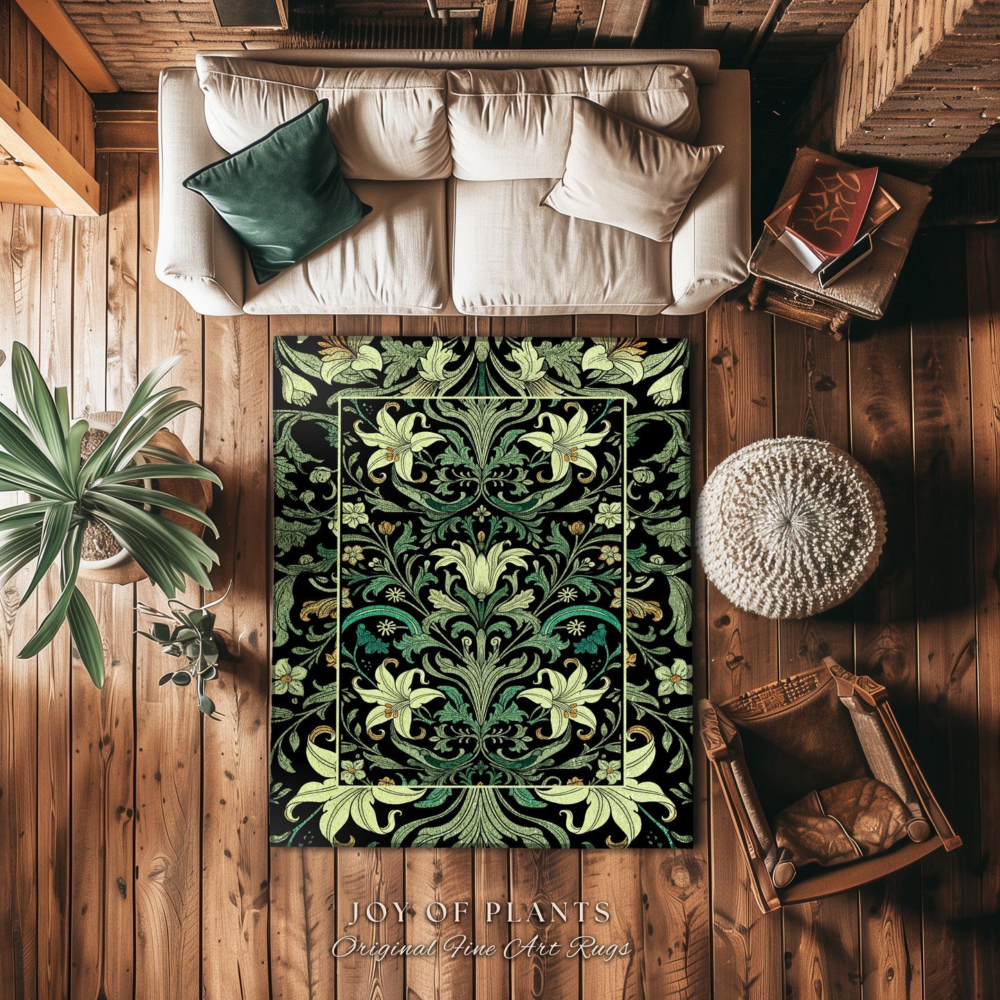 Ornate Green Botanical Rug Art Nouveau Victorian Floral William Morris Inspired Decor | Elegant Academia Lily Flower Antique Cottagecore Rug