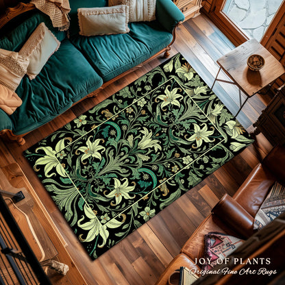 Ornate Green Botanical Rug Art Nouveau Victorian Floral William Morris Inspired Decor | Elegant Academia Lily Flower Antique Cottagecore Rug