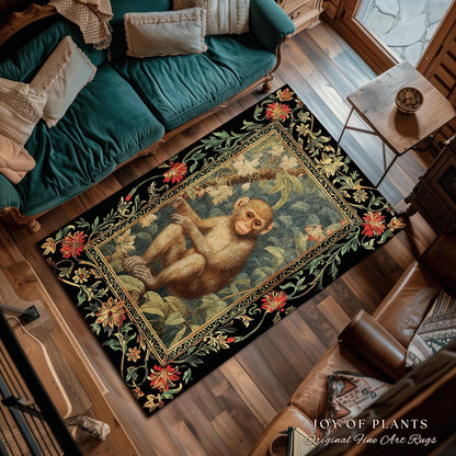 Light Academia Round Monkey Rug Mystical Aesthetic | Pastel Floral Accent Botanical Woodland Decor William Morris Inspired Cottagecore Room