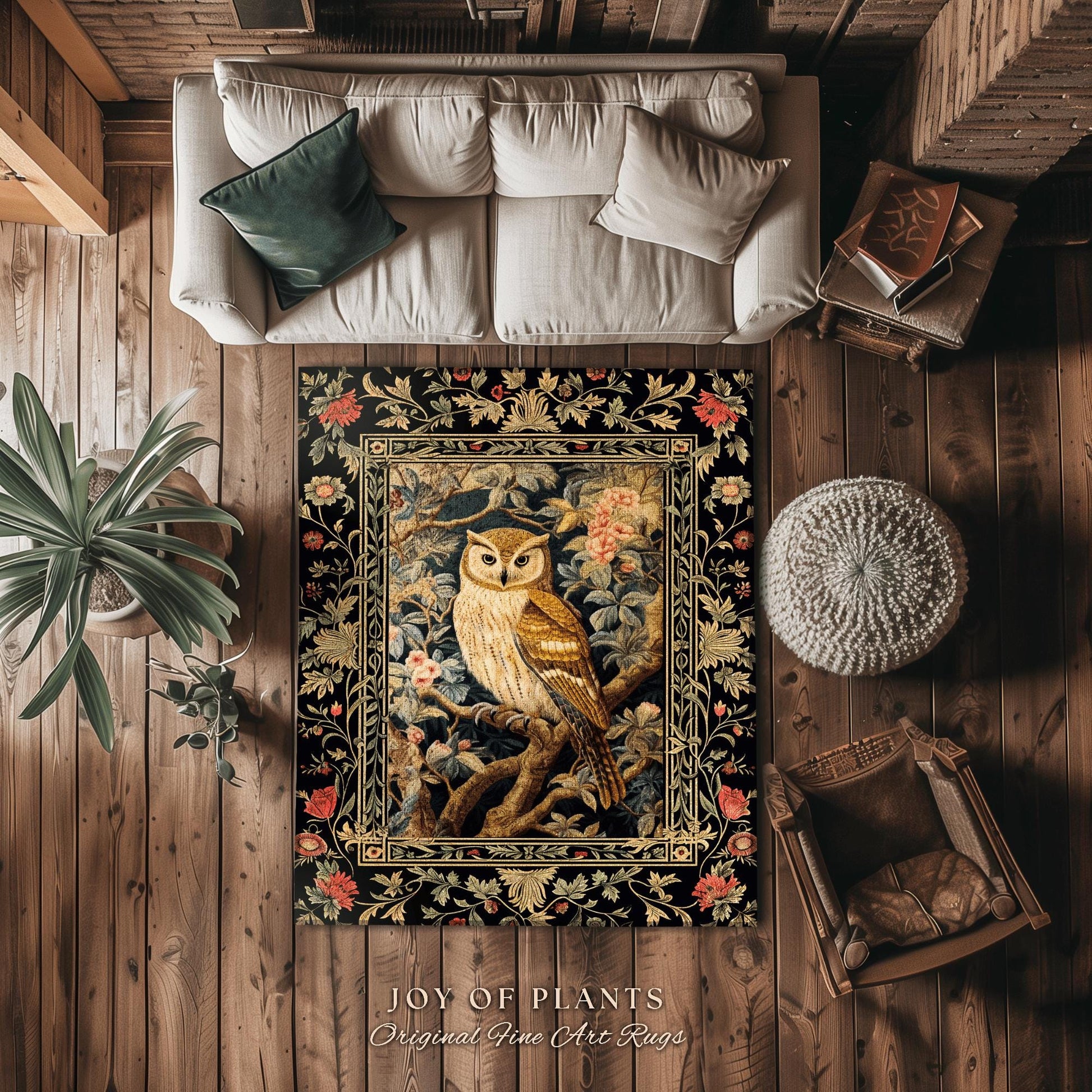 Reading Nook Owl Rug | Botanical Book Nook Decor William Morris Inspired Gift for Reader Whimsical Room Soft Aesthetic Dark Academia Room