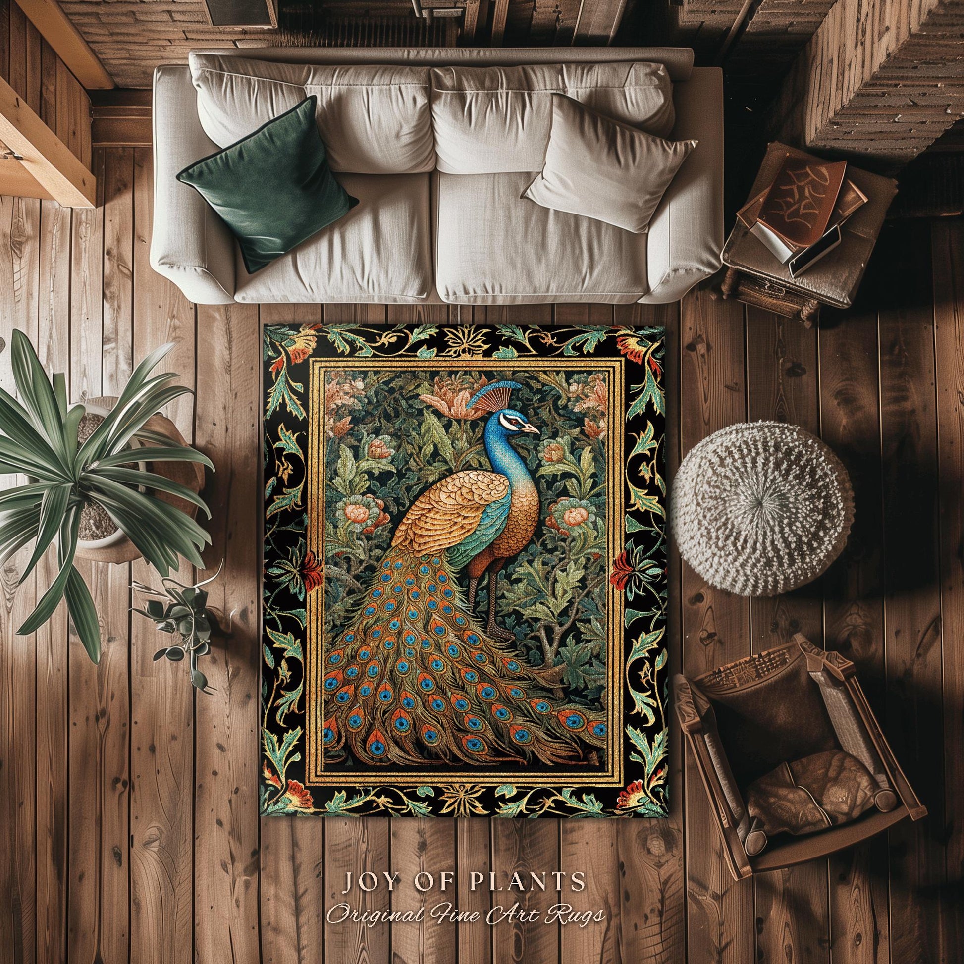 Eclectic Peacock Area Rug | Whimsical Bedroom Decor William Morris Style Cottagecore Room Dark Academia Royalcore Rug Maximalist Art |