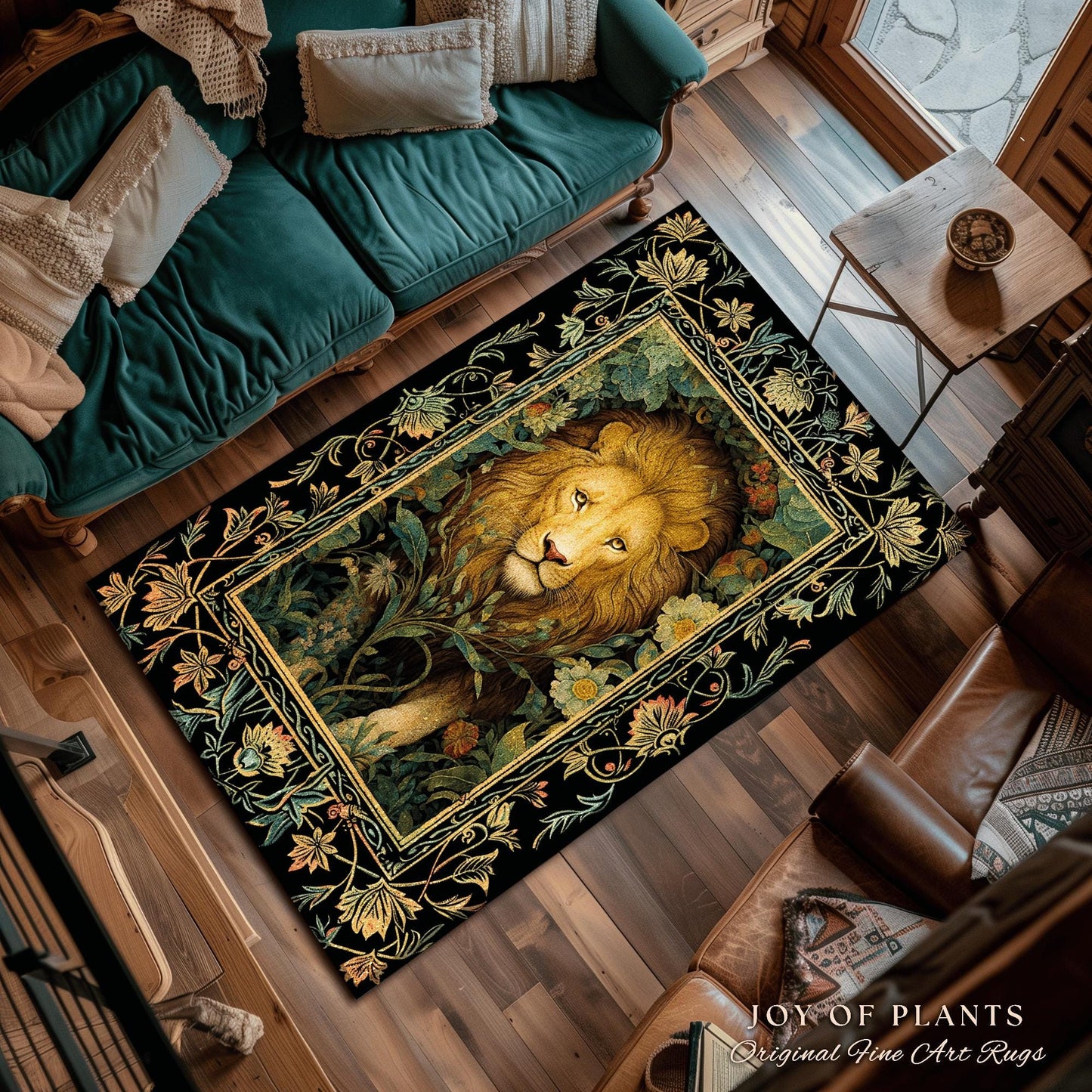 Dark Jungle Lion Botanical Rug Dark Academia Decor | King of the Jungle Morris Inspired Dark Cottagecore Floral Decor Gift for Lion Lovers