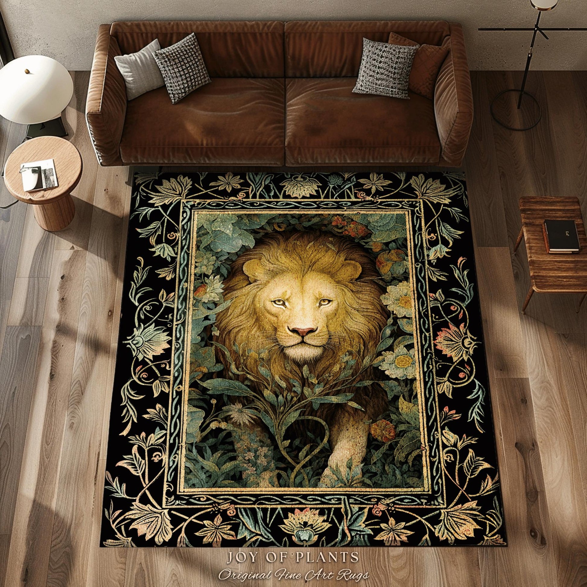 Dark Jungle Lion Botanical Rug Dark Academia Decor | King of the Jungle Morris Inspired Dark Cottagecore Floral Decor Gift for Lion Lovers