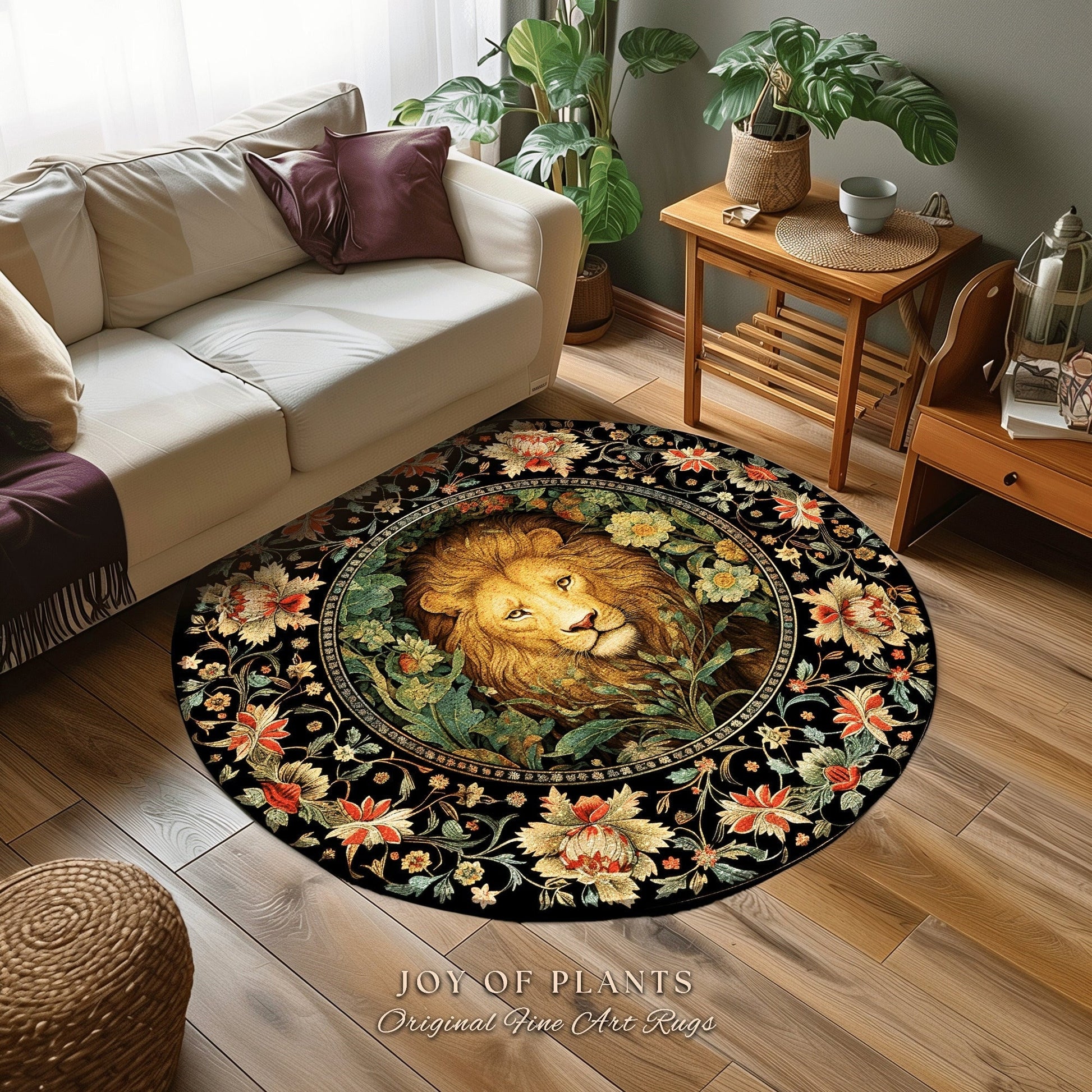 Dark Jungle Lion Botanical Rug Dark Academia Decor | King of the Jungle Morris Inspired Dark Cottagecore Floral Decor Gift for Lion Lovers