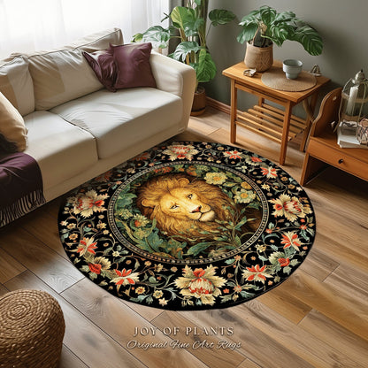 Dark Jungle Lion Botanical Rug Dark Academia Decor | King of the Jungle Morris Inspired Dark Cottagecore Floral Decor Gift for Lion Lovers