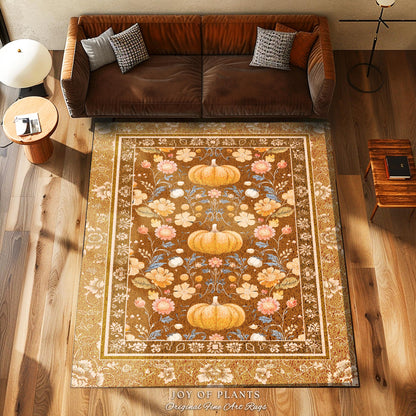 Vintage Rust Orange Pumpkin Rug Rustic Fall Decor | Autumn Floral Cottagecore Pumpkin Farmhouse Rug Retro Whimsical Harvest Earth Tone Rug