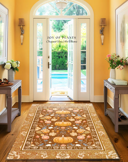 Vintage Rust Orange Pumpkin Rug Rustic Fall Decor | Autumn Floral Cottagecore Pumpkin Farmhouse Rug Retro Whimsical Harvest Earth Tone Rug