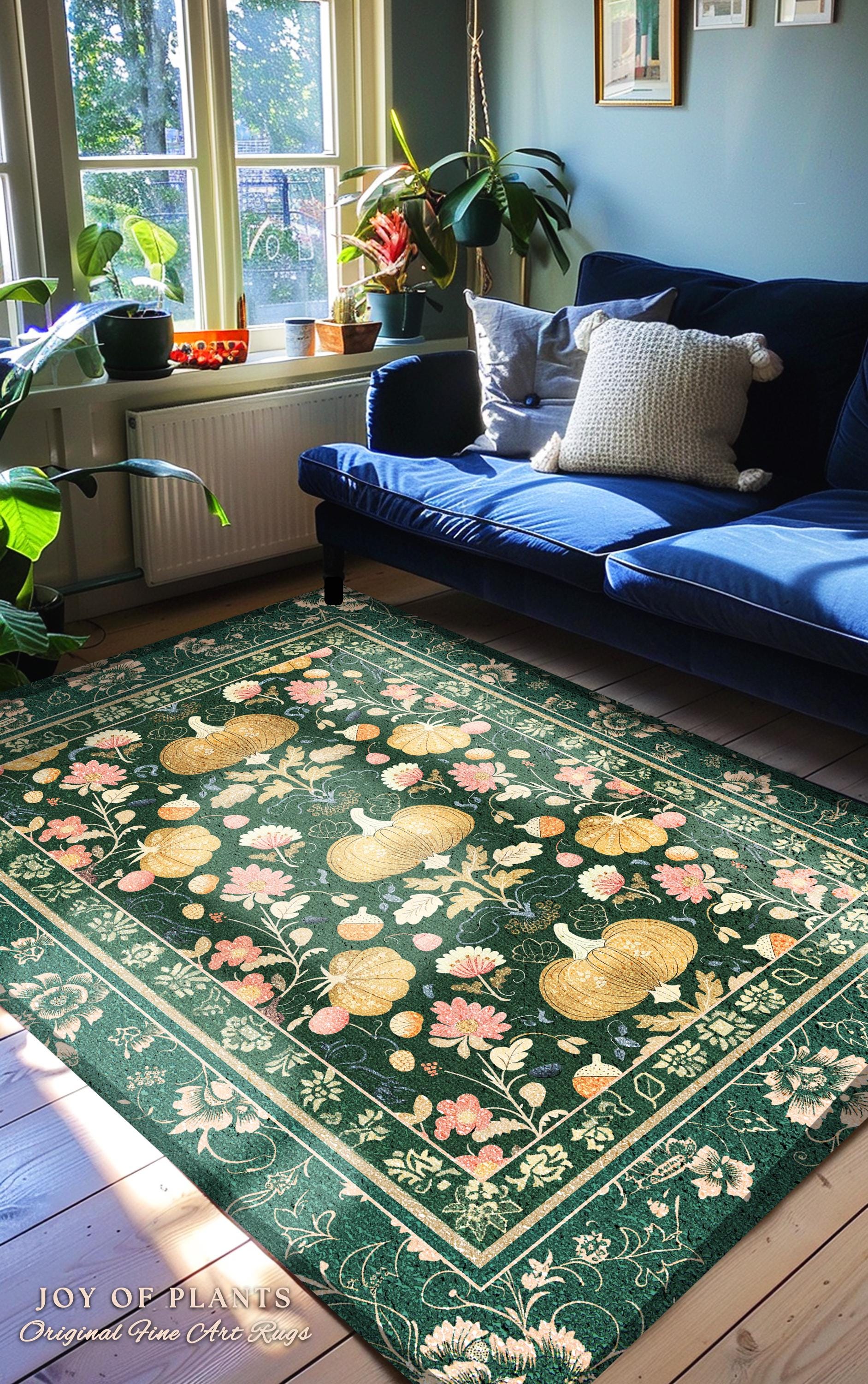 Elegant Emerald Green Pumpkin Floral Rug Whimsical Cottagecore Decor | Vintage Aesthetic Autumn Botanical Enchanting Art Nouveau Fall Decor