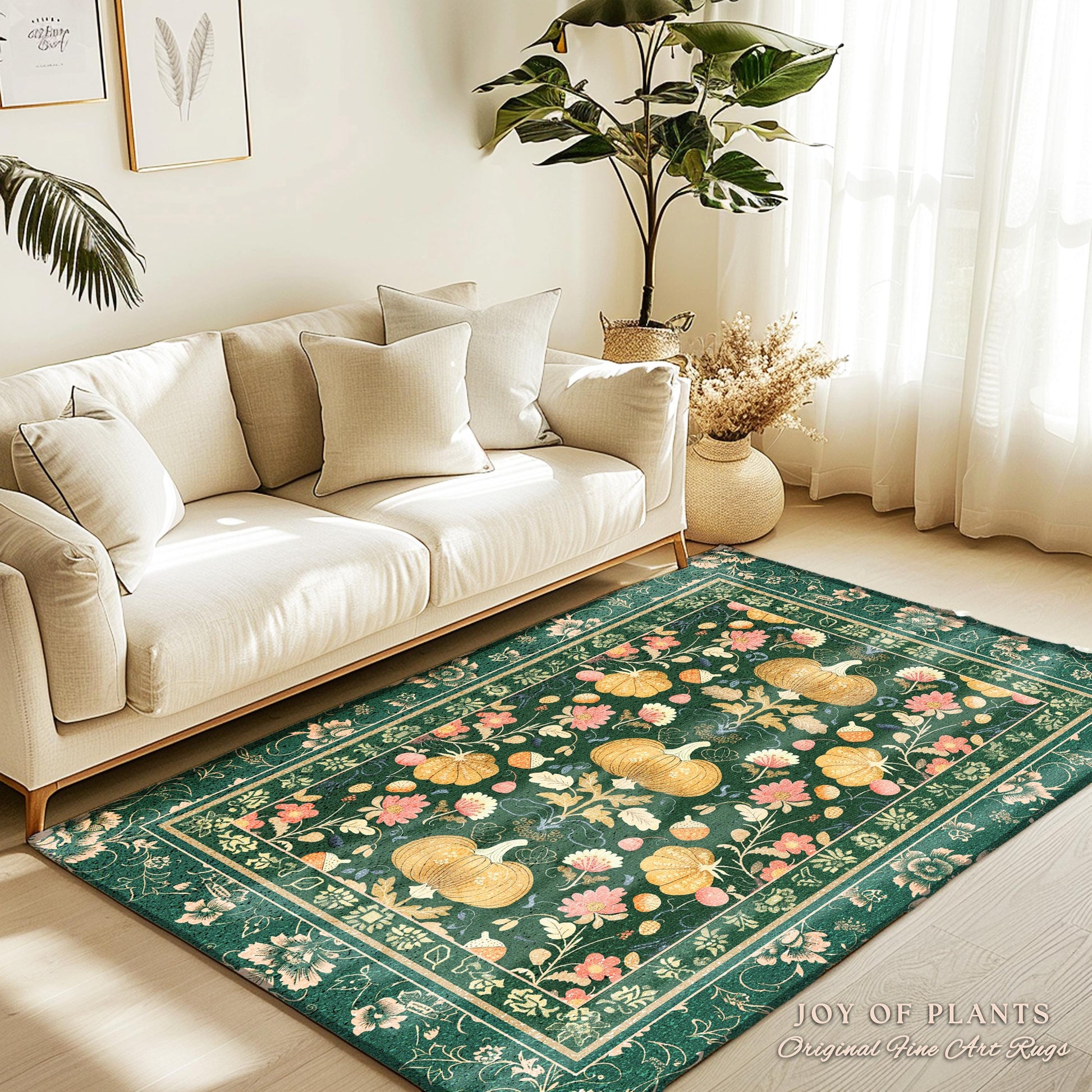 Elegant Emerald Green Pumpkin Floral Rug Whimsical Cottagecore Decor | Vintage Aesthetic Autumn Botanical Enchanting Art Nouveau Fall Decor