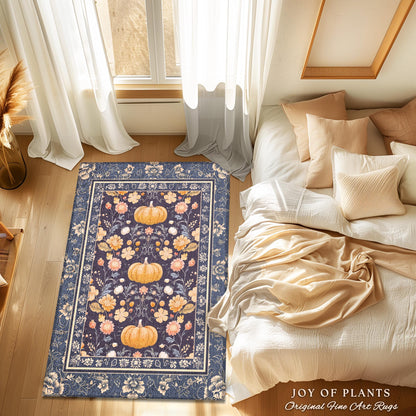 Boho Pumpkin Blue Rustic Rug Whimsical Floral Cottagecore Decor | Vintage Aesthetic Farmhouse Fall Pumpkin Decor Fairycore Home Decor Rug