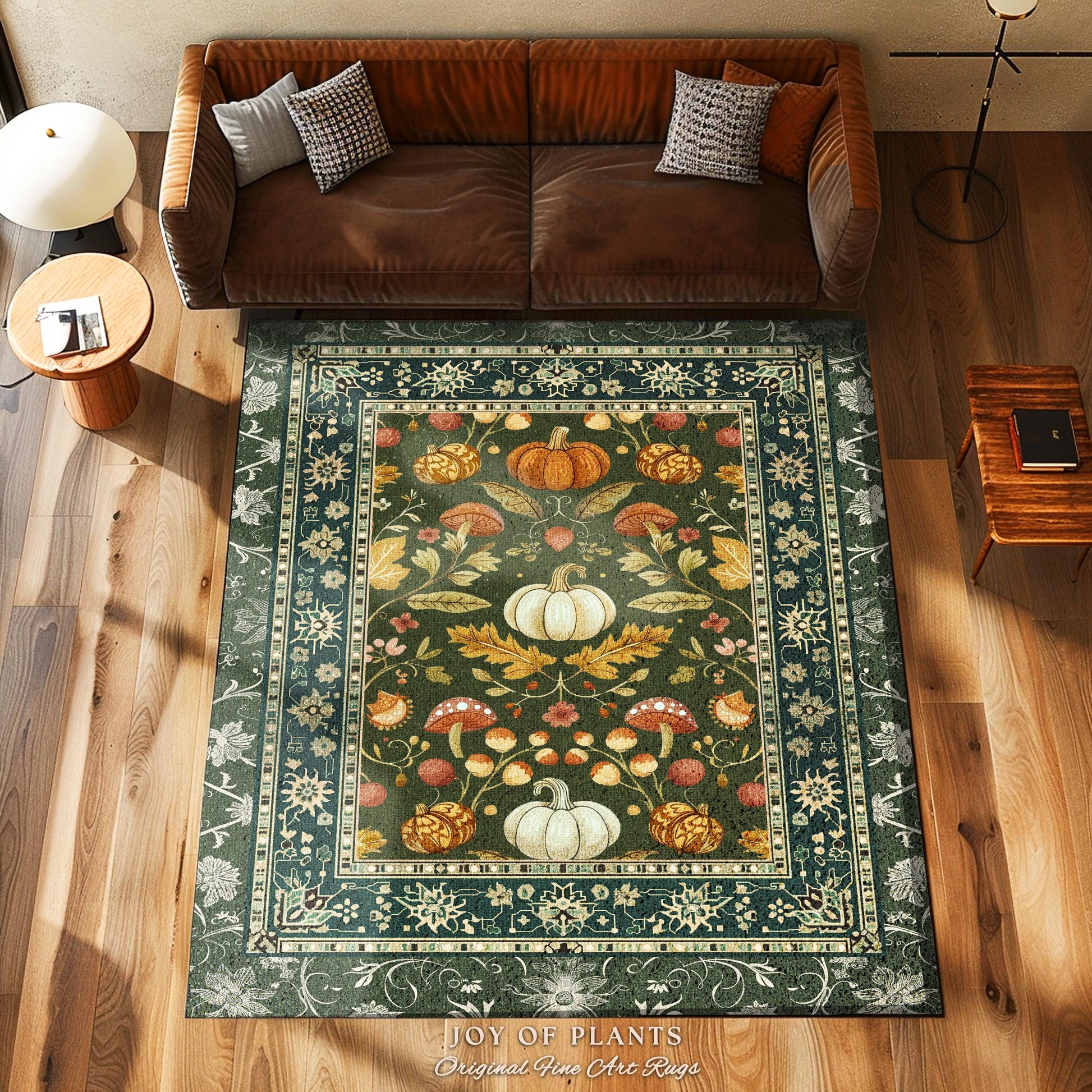 Botanical Sage Green Pumpkin Rug Autumn Floral Decor Cozy Cottagecore Decor | Rustic Harvest Pumpkin Whimsical Earth Tone Fall Home Accent