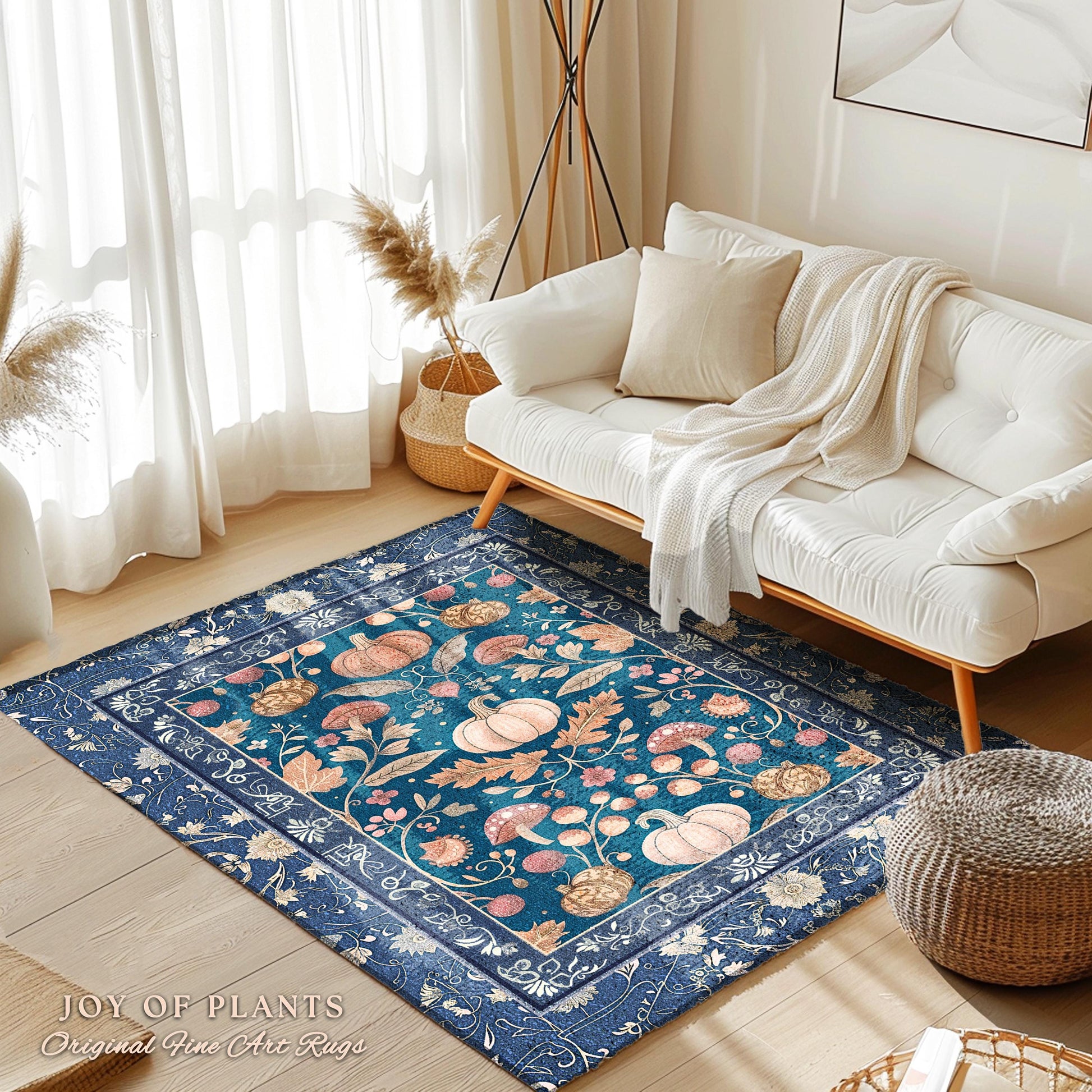 Country Cottage Whimsical Pumpkin Rug Boho Cottagecore Farmhouse Aesthetic | Scandinavian Folk Art Rustic Blue Floral Retro Forestcore Decor