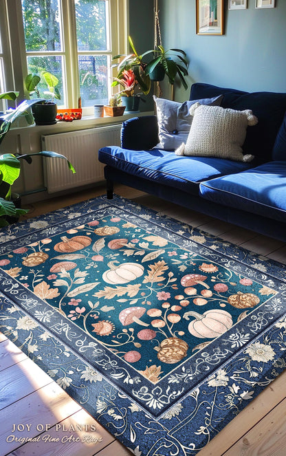 Country Cottage Whimsical Pumpkin Rug Boho Cottagecore Farmhouse Aesthetic | Scandinavian Folk Art Rustic Blue Floral Retro Forestcore Decor