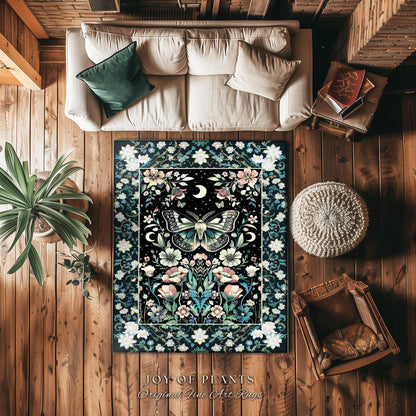 Celestial Butterfly Floral Rug Whimsical Moonlit Garden Whimsigothic Decor, Ethereal Cottagecore Enchanted Botanical Art Nouveau Home Accent