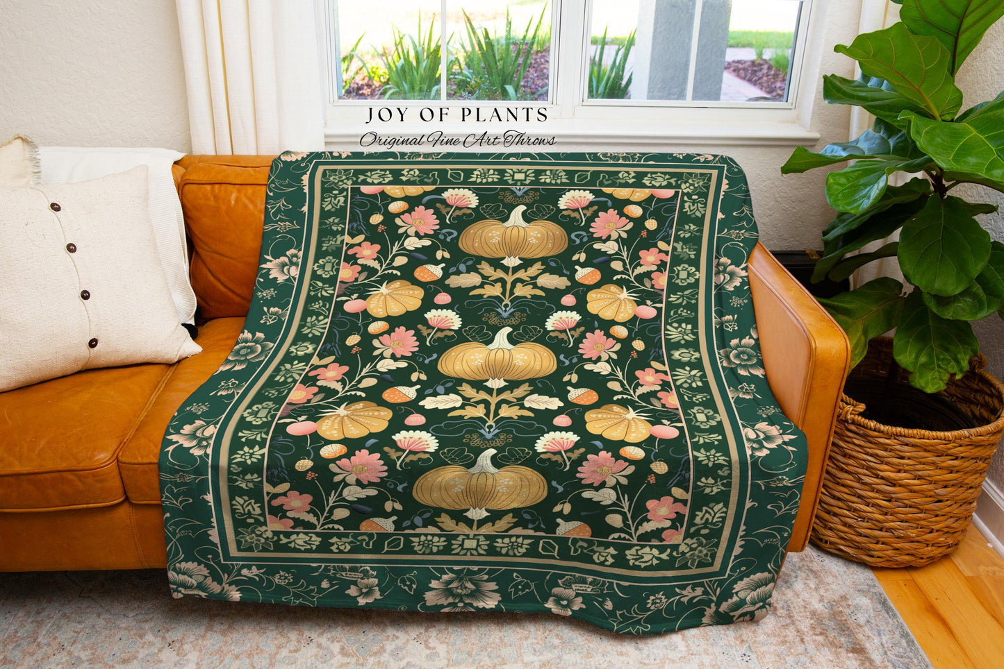 Elegant Emerald Green Pumpkin Floral Blanket Whimsical Cottagecore | Vintage Aesthetic Autumn Botanical Enchanting Art Nouveau Fall Tapestry