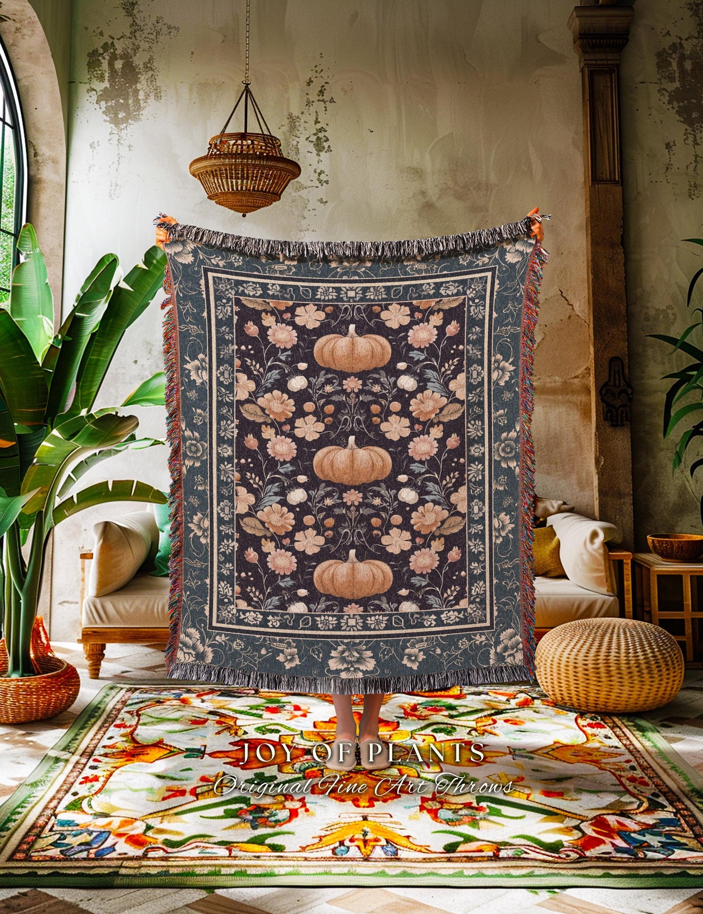 Boho Pumpkin Blue Rustic Blanket Whimsical Floral Cottagecore Decor | Vintage Aesthetic Farmhouse Fall Pumpkin Decor Fairycore Woven Throw