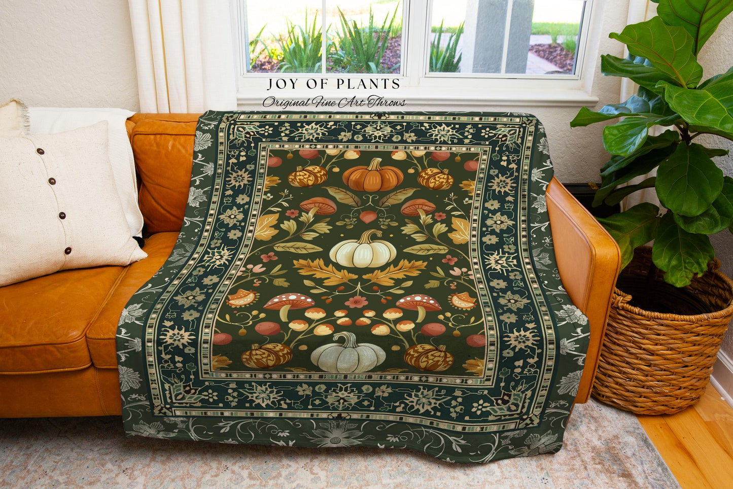 Botanical Sage Green Pumpkin Throw Autumn Floral Decor Cozy Cottagecore Decor | Rustic Harvest Pumpkin Whimsical Fall Home Woven Blanket