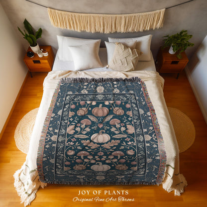 Country Cottage Cozy Elegance Boho Pumpkin Blanket Rustic Blue Farmhouse Throw | Whimsical Floral Cottagecore Decor Vintage Fall Aesthetic